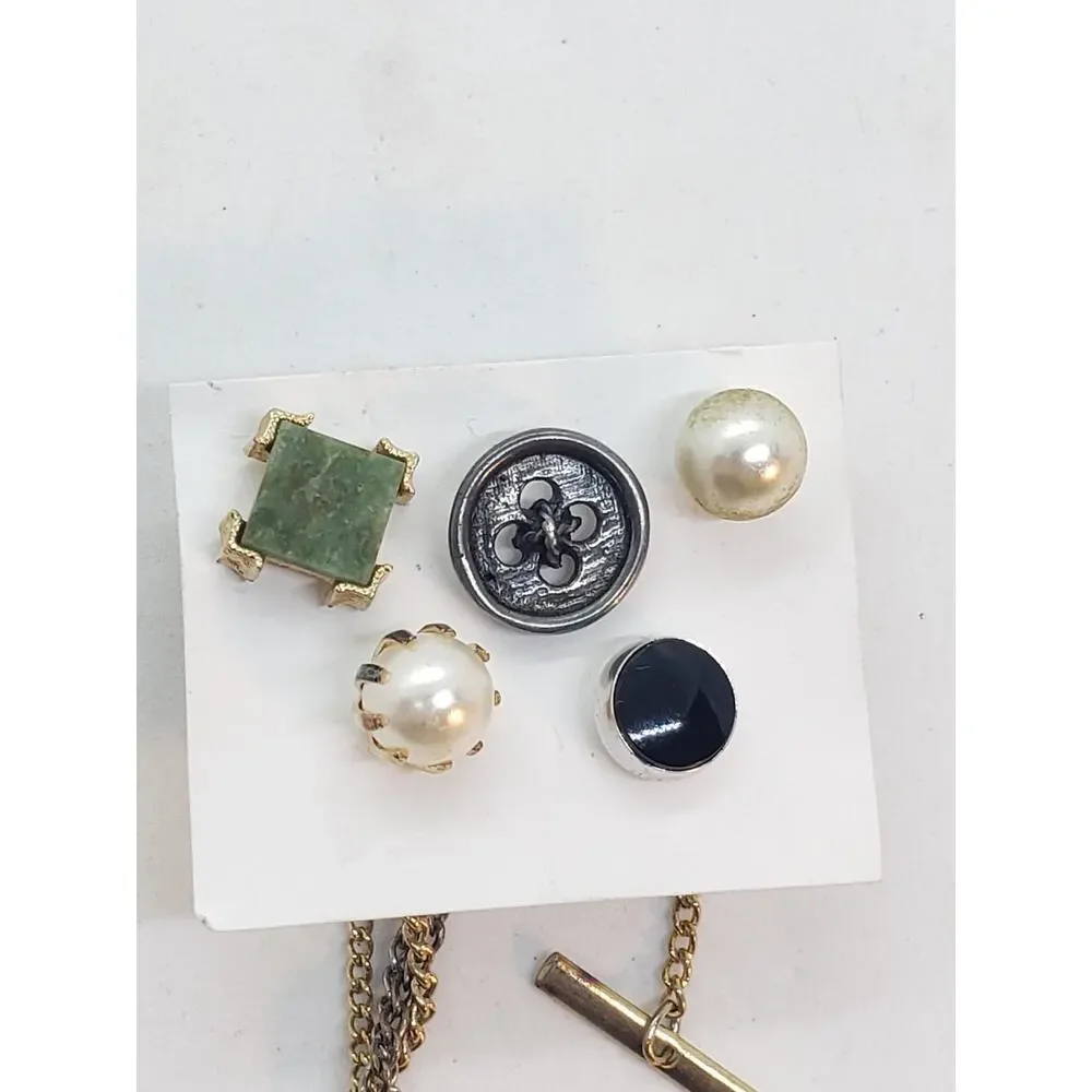 VTG Lot 5 Mens Tie Tacs Pins Nephrite Faux Pearl Onyx Gift Sterling Silver Pins